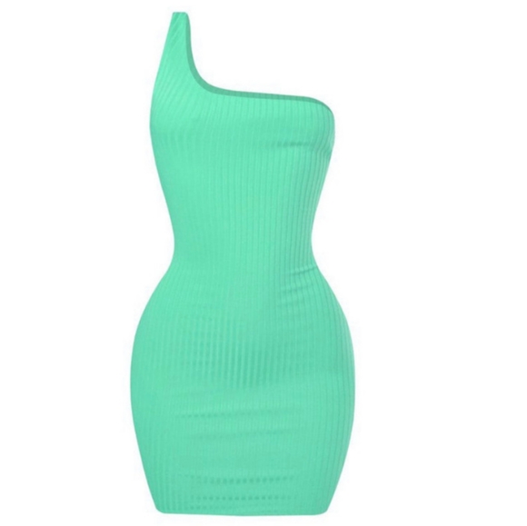 Mint Green One Shoulder Mini Ribbed Dress - Picture 3 of 4
